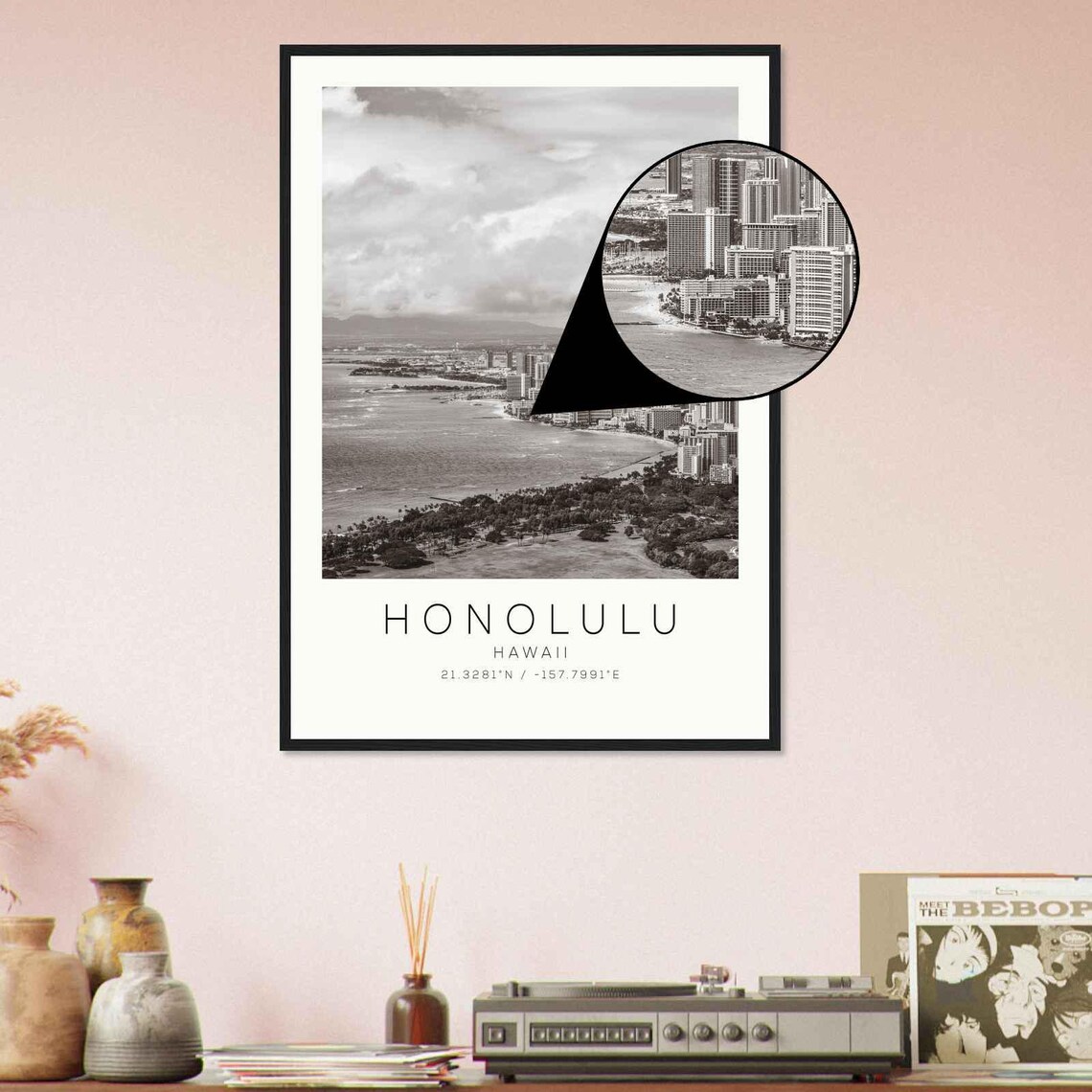 Honolulu Hawaii Waikiki Beach Skyline Aerial Black White Travel Poster - Image 4