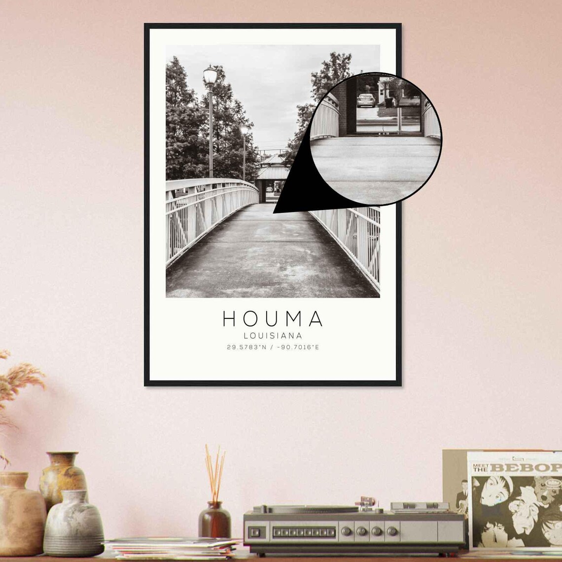 Houma Louisiana Park Footbridge Lamp Posts Black White Travel Poster - Image 4