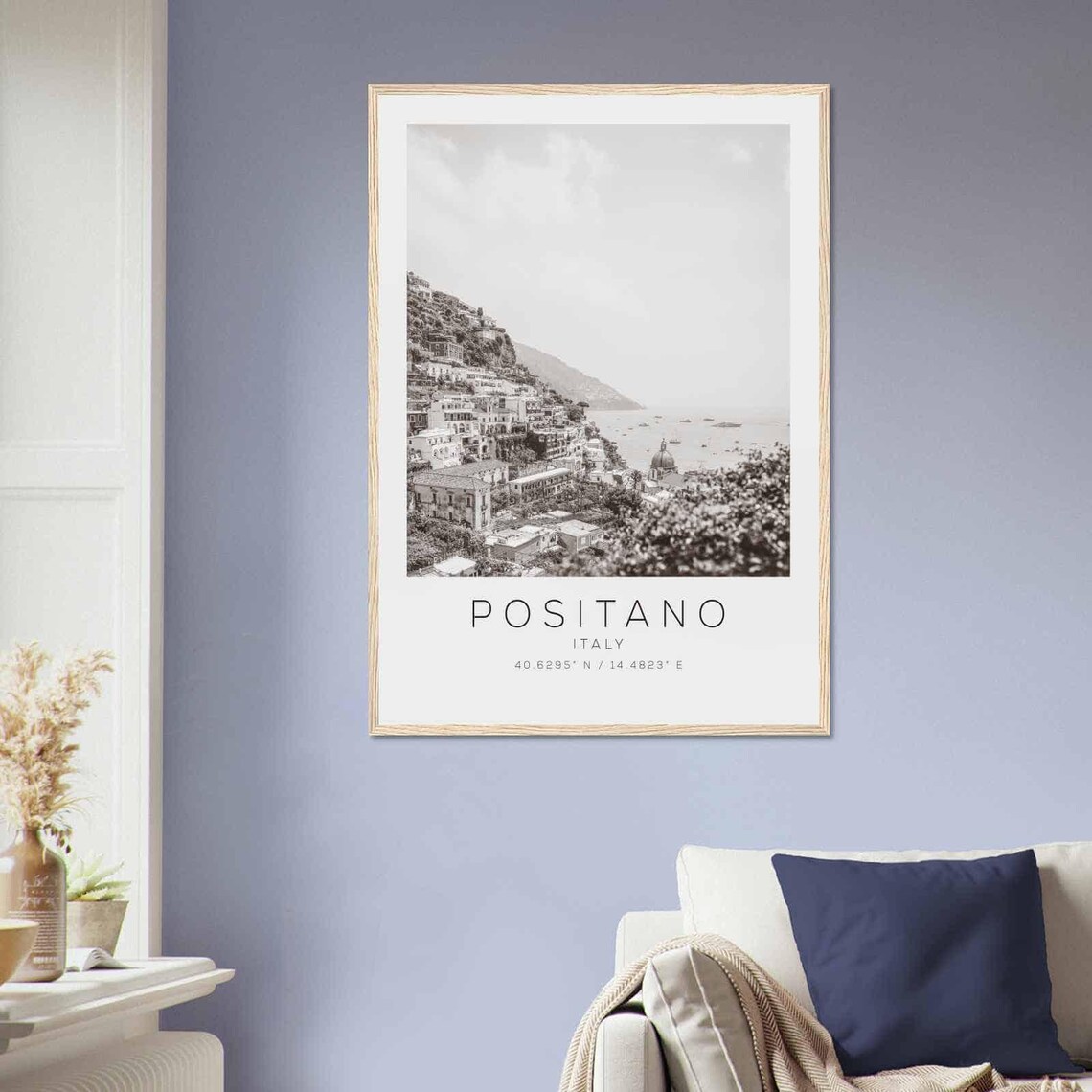 Positano Italy Coastline Village Dome Church Black White Poster - Image 2