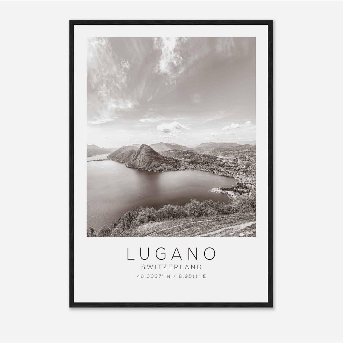 Lugano Switzerland Lake Lugano Scenic Black and White Photo Poster