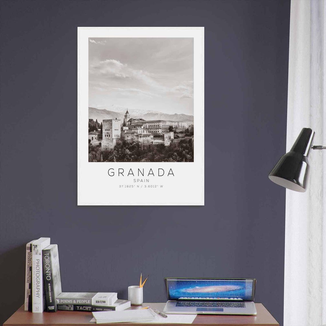 Granada Spain Black and White Alhambra Palace Hilltop View Poster - Image 3
