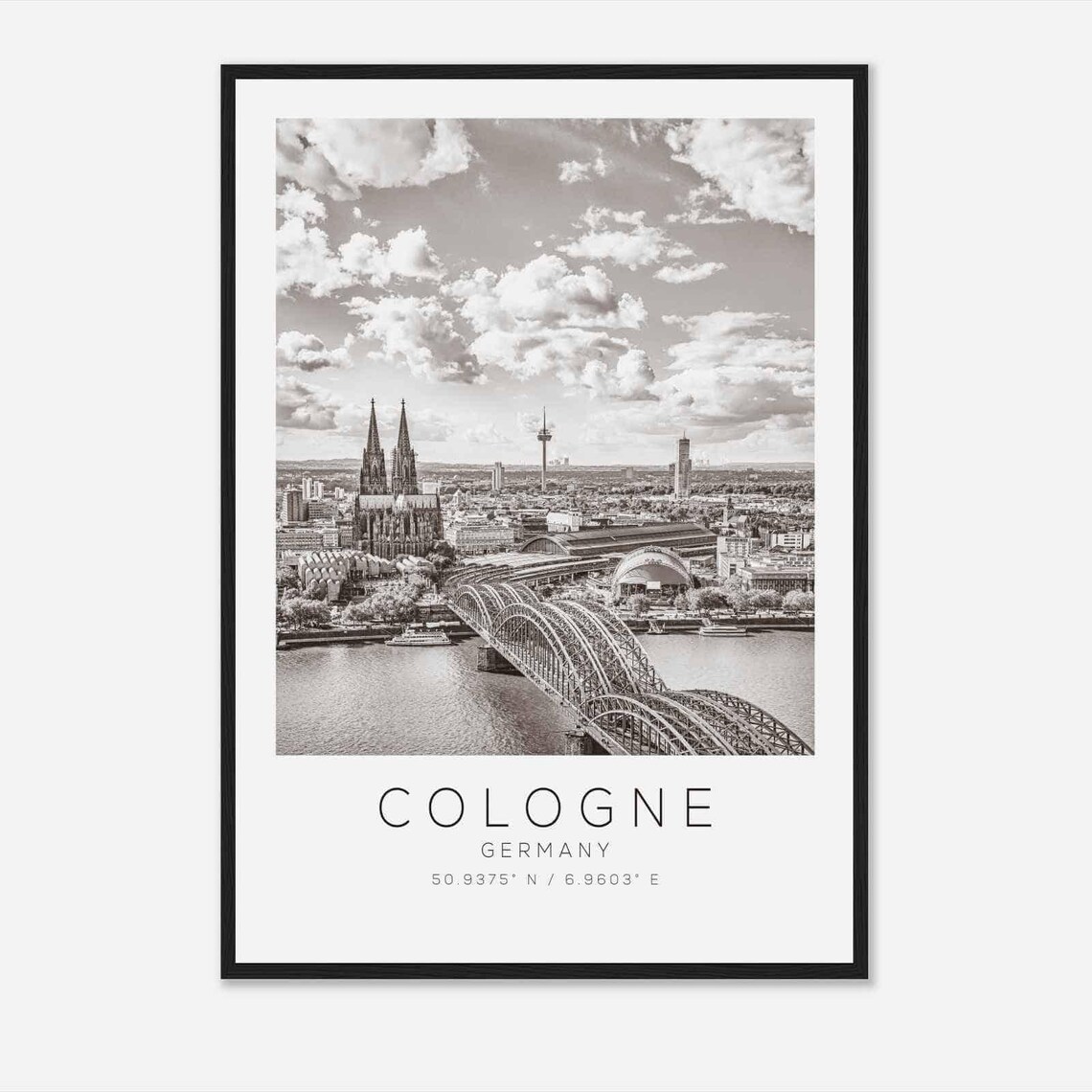 Cologne Germany Cathedral and Hohenzollern Bridge Black White Poster