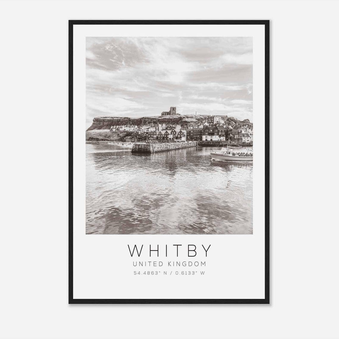 Whitby United Kingdom Harbor and Abbey Black and White Poster