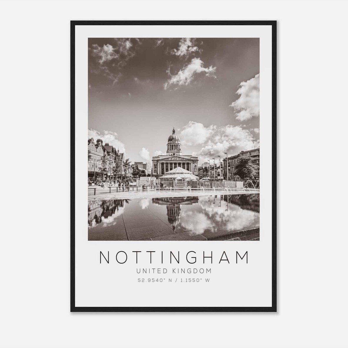 Nottingham United Kingdom Council House Fountain Black White Poster