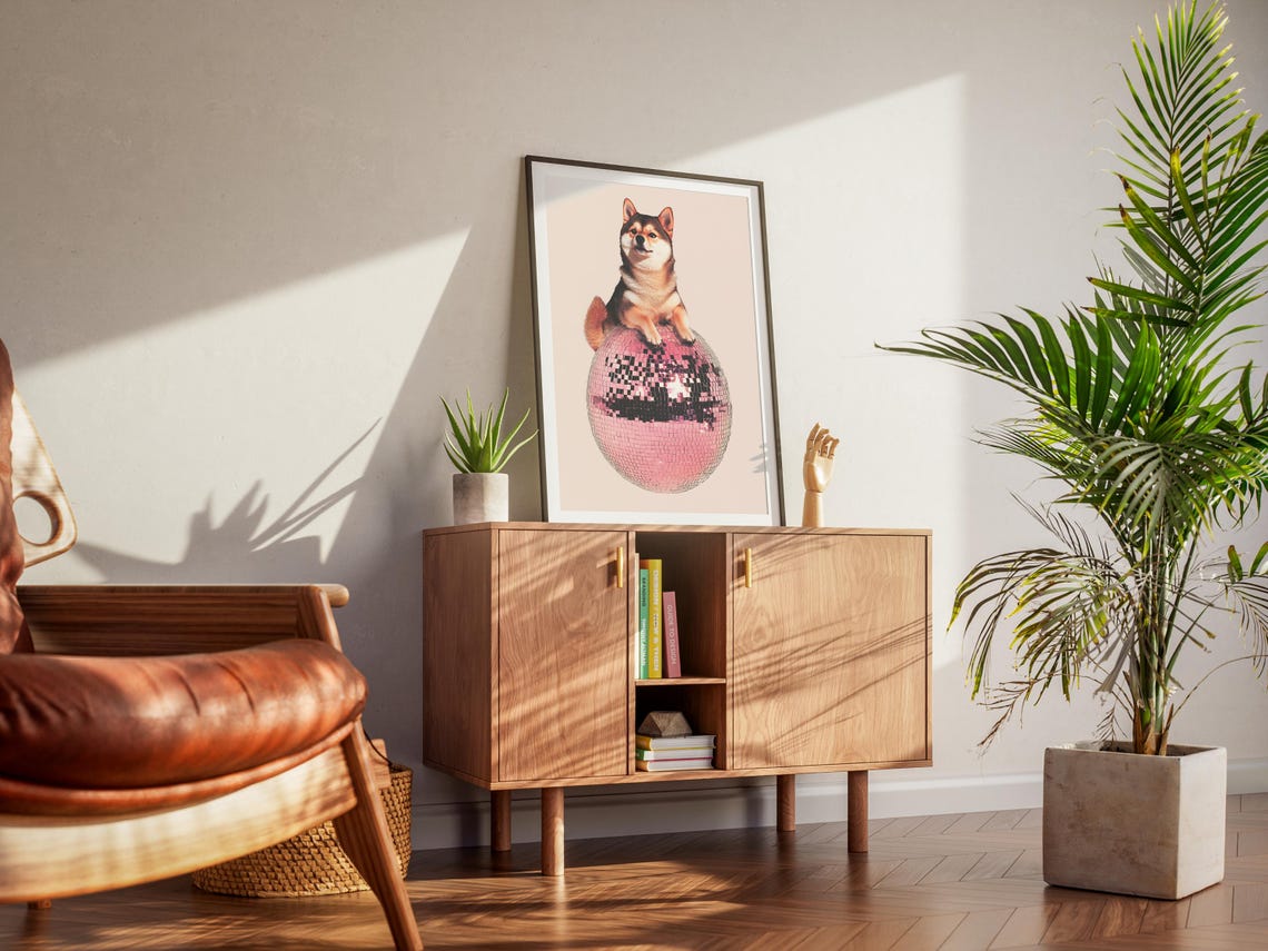 Shiba Inu Dog Relaxing on a Pink Disco Ball 70s Funky Art Poster - Image 2