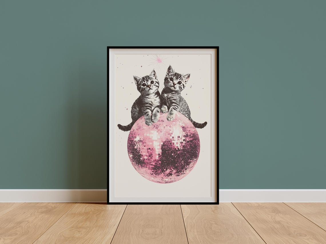 Two Tabby Kittens On Pink Disco Ball Collage Poster Sparkle Cats