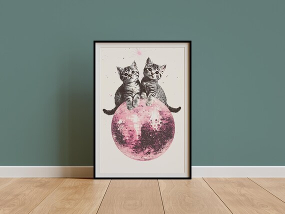 Two Tabby Kittens On Pink Disco Ball Collage Poster Sparkle Cats