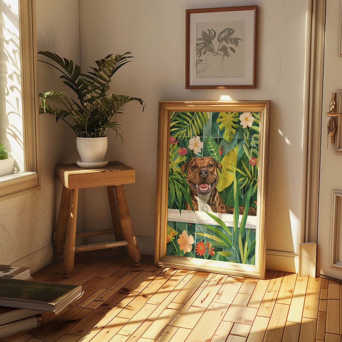 Smiling Brindle Staffy Jungle Bathtub Botanical Poster Wall Decor - Image 2