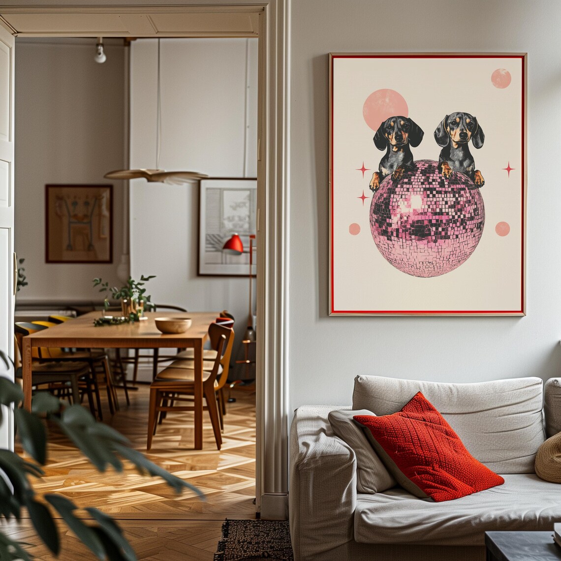 Retro Dachshund Vintage Disco Ball Art Print