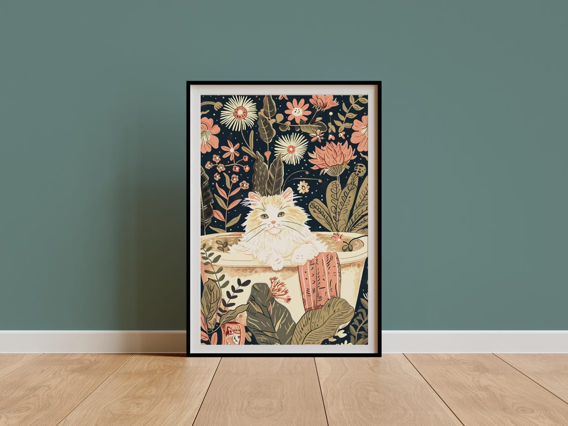 Long Haired White Cat in Bathtub Floral Bathroom Animal Poster - Image 3