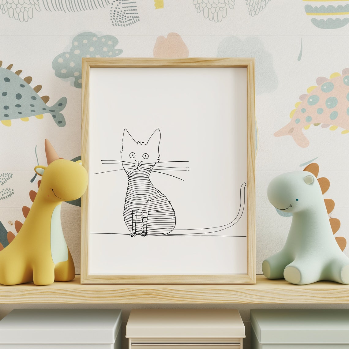 Funny Striped Cat Doodle Long Whiskers Minimal Line Drawing Cat Poster - Image 2