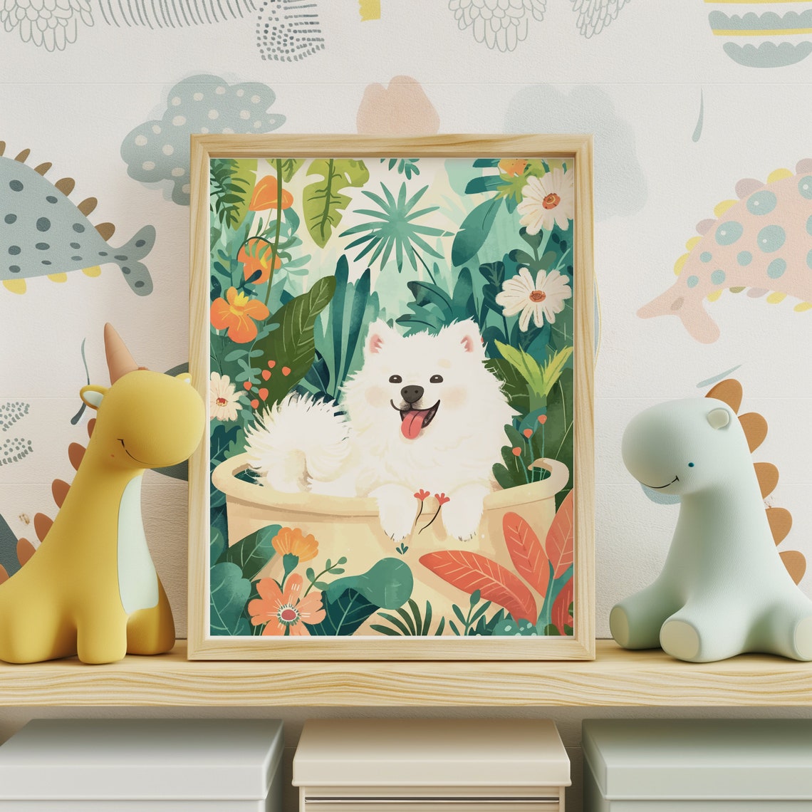 Samoyed Puppy Wall Art Cute Funny Illustration Owner Gift Boho Jungle Print Eclectic Tropical Poster Maximalist Botanical Decor - Image 2