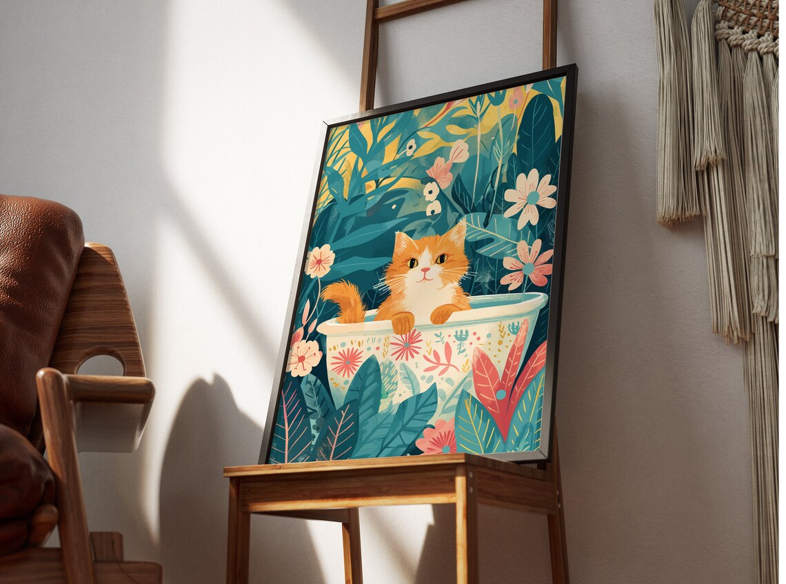 Ginger Cat Boho Jungle Bathtub Art Print
