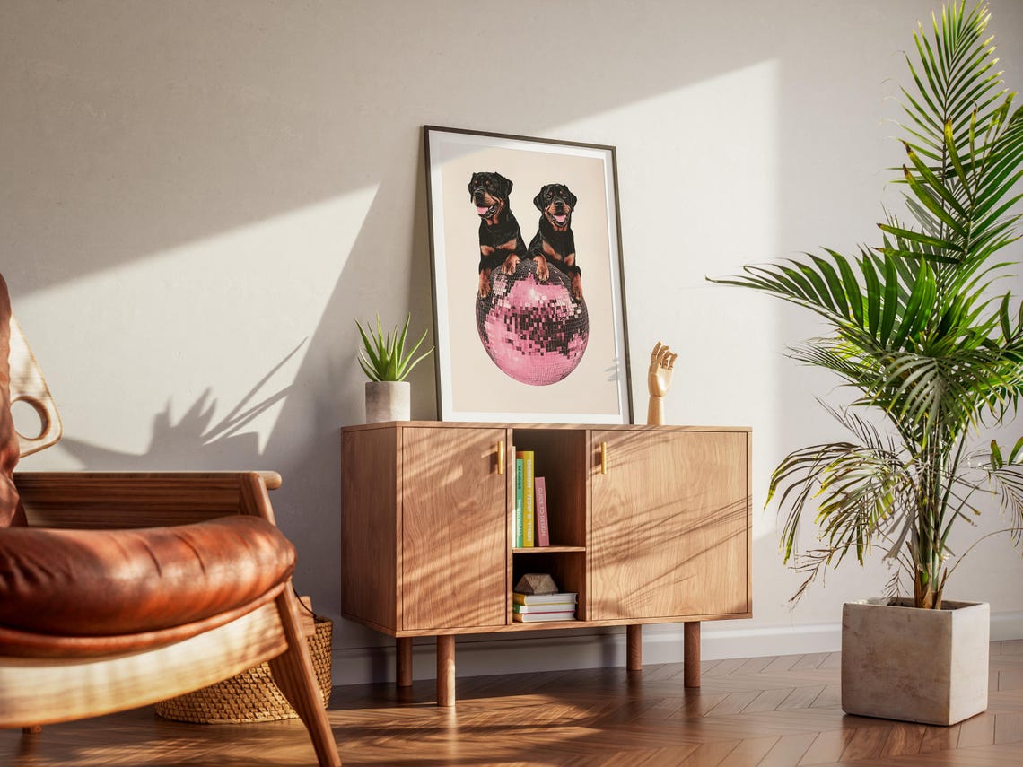 Rottweiler Pair Smiling on a Pink Disco Ball Fun Retro Art Poster - Image 2