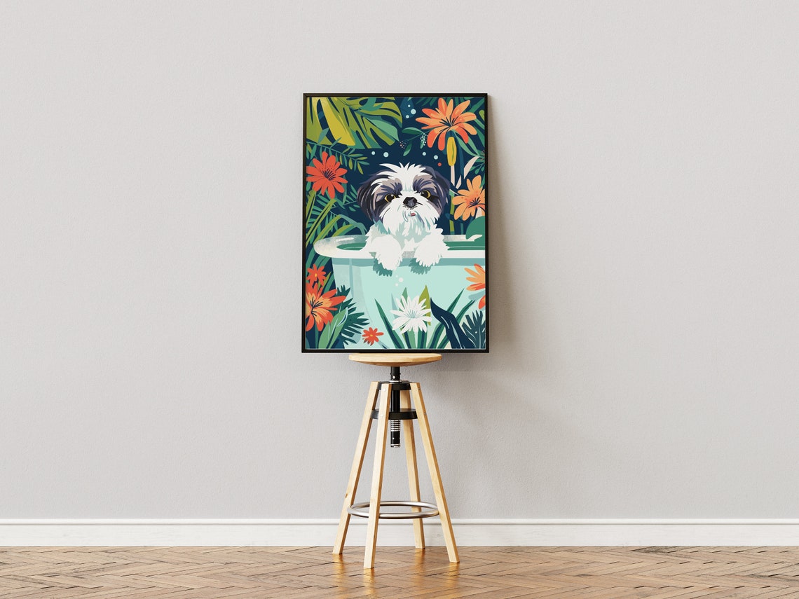 Shih Tzu Wall Art Boho Jungle Bathtub Print Maximalist Botanical Decor Eclectic Tropical Poster Cute Funny Dog Mom Owner Gift - Image 3