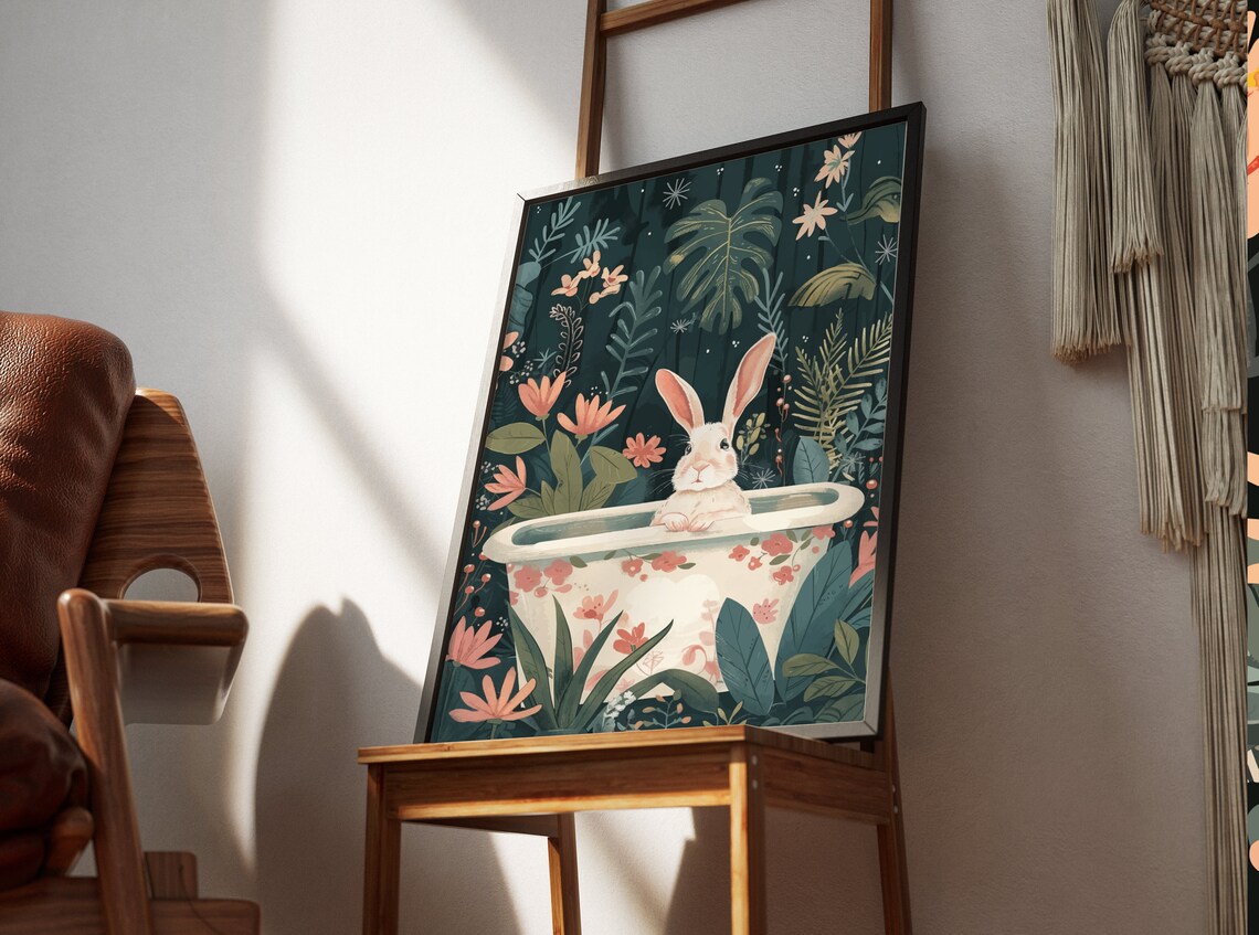 White Bunny in Floral Bathtub Dark Jungle Botanical Whimsical Animal Poster - Image 2