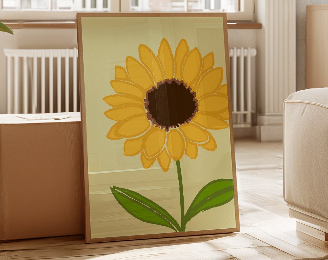 Golden Sunflower Bloom Sage Green Modern Calm Botanical Wall Poster