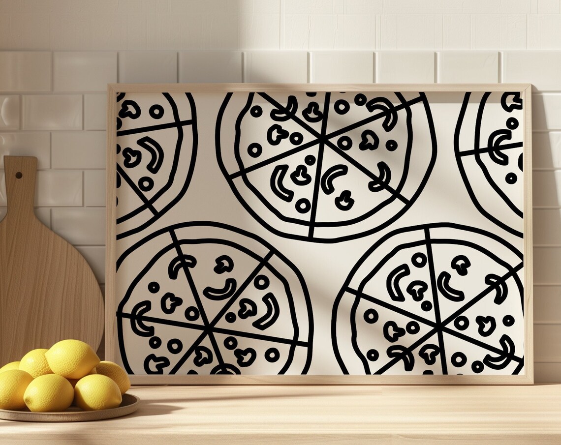 Pizza Pattern Bold Black Line Art Cream Minimalist Kitchen Wall Art
