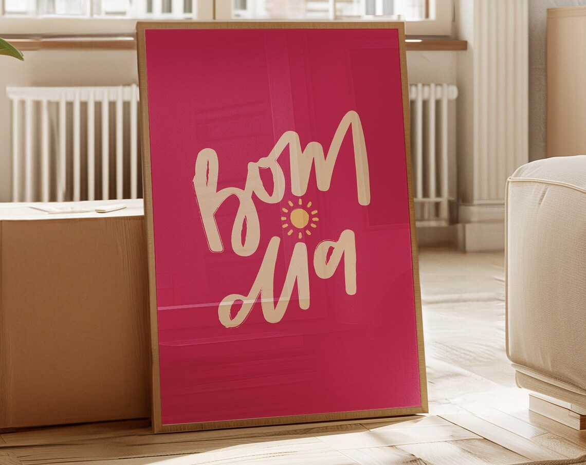 Bom Dia Sunshine Script Cream Lettering Hot Pink Morning Art Poster