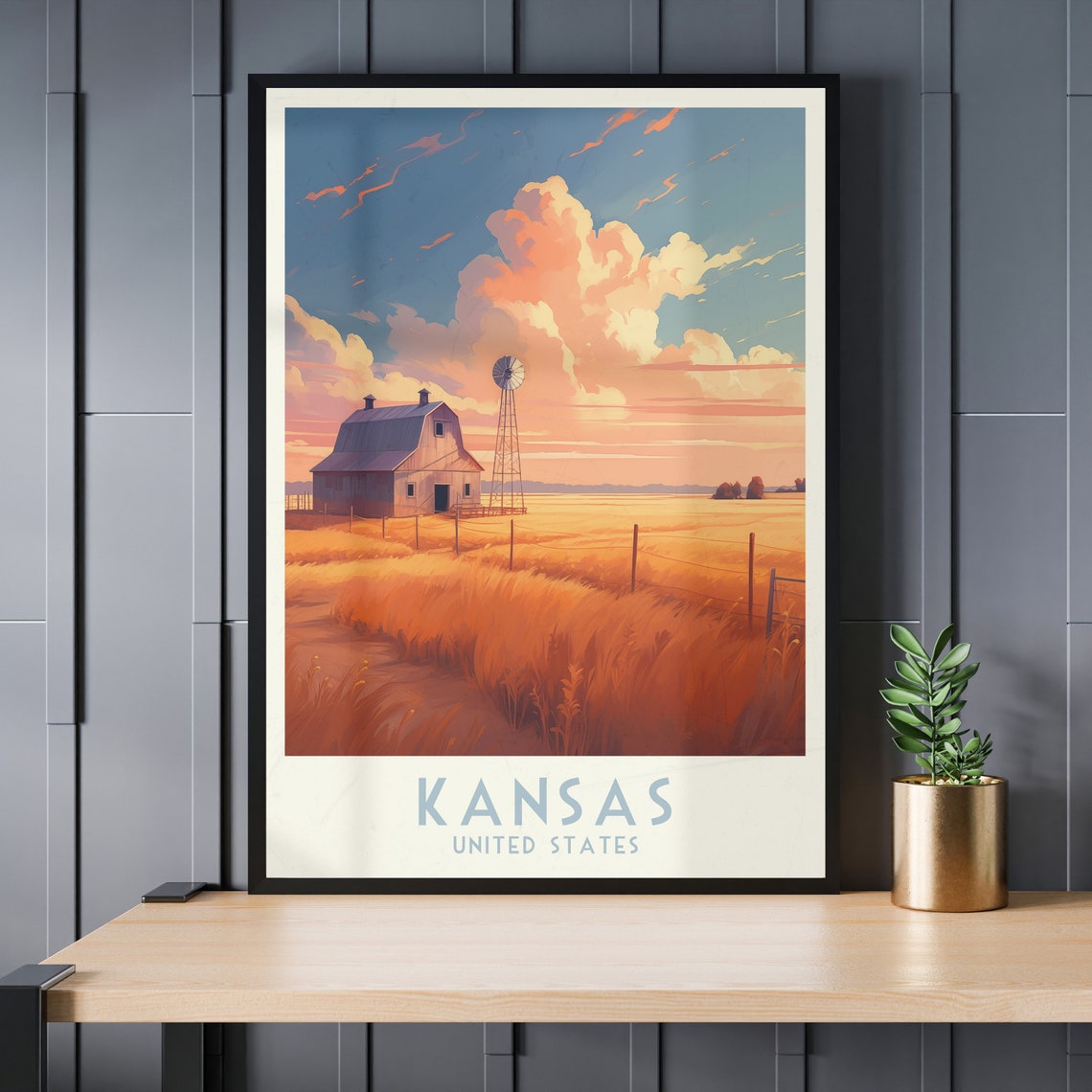 Kansas Golden Wheat Field Barn Windmill Sunset Rural Travel Poster - Image 3
