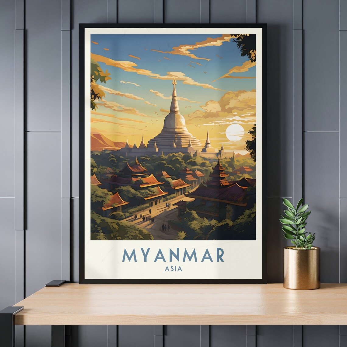 Myanmar Asia Golden Pagodas Sunset Temple Vintage Travel Poster - Image 3