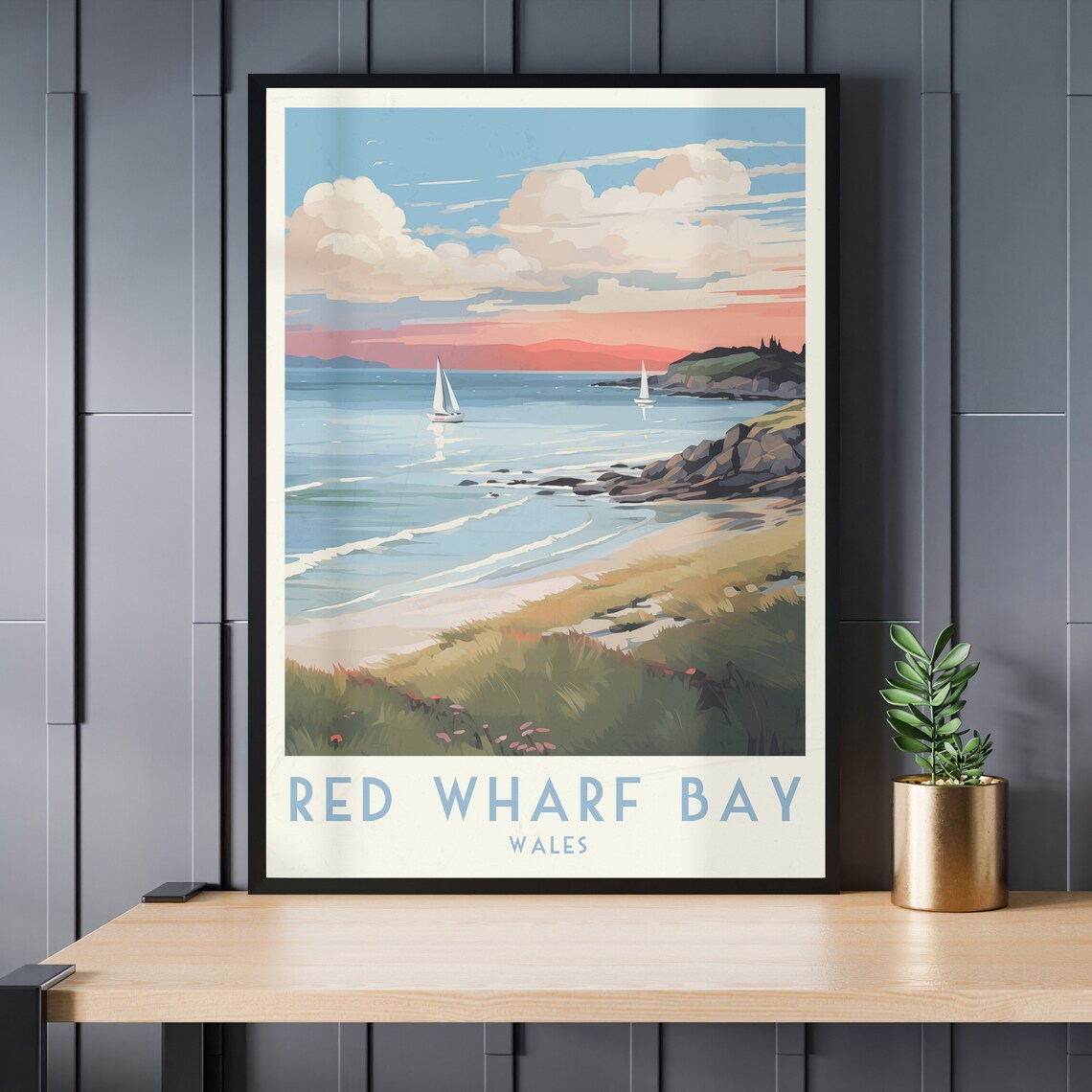 Red Wharf Bay Wales Sunset Sailboats on Calm Sea Travel Poster - Image 4