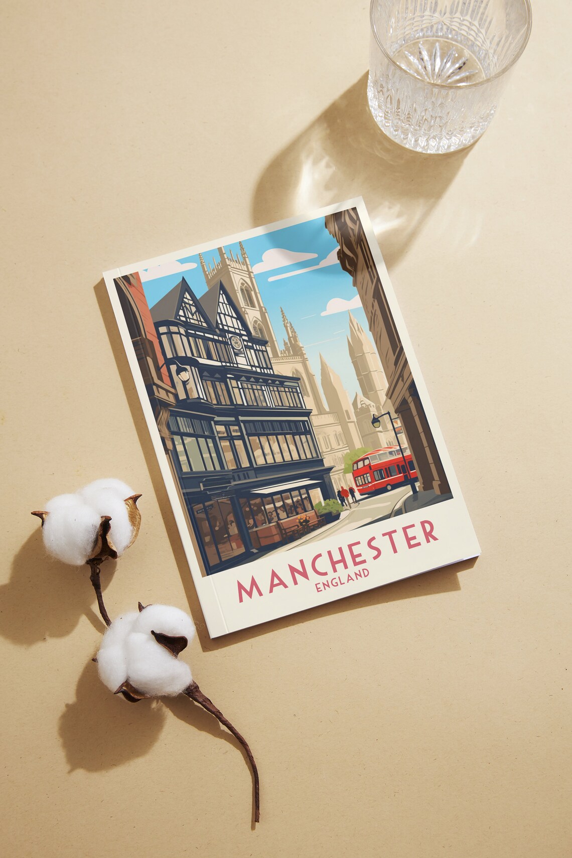Manchester England Cathedral and Red Bus Retro Travel Poster - Image 2
