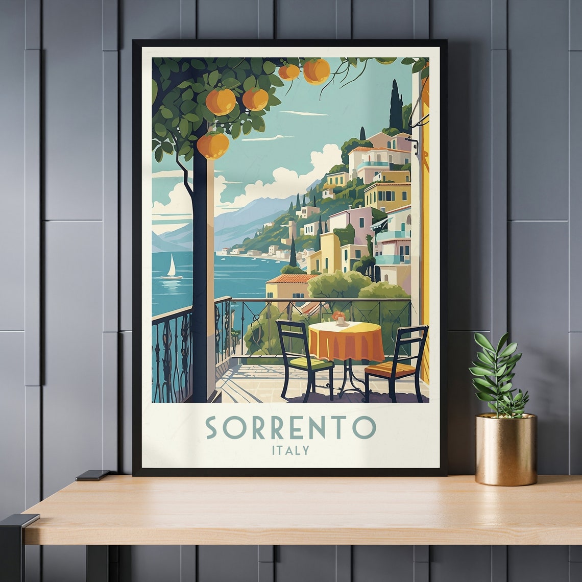 Sorrento Italy Retro Terrace Orange Tree Bay View Scene Poster - Image 3