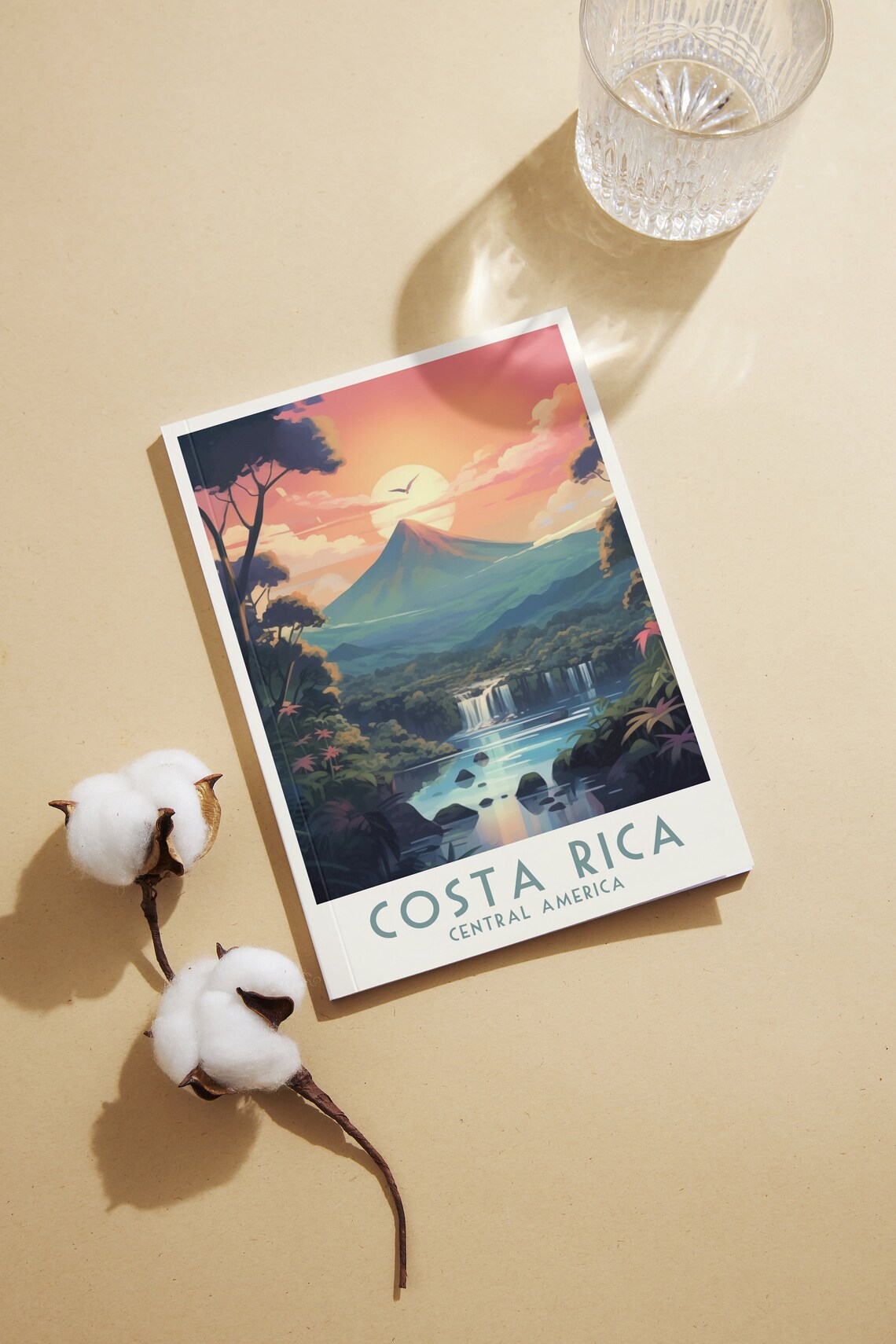 Costa Rica Volcano and Waterfall Lagoon Scenic Travel Poster Art - Image 2