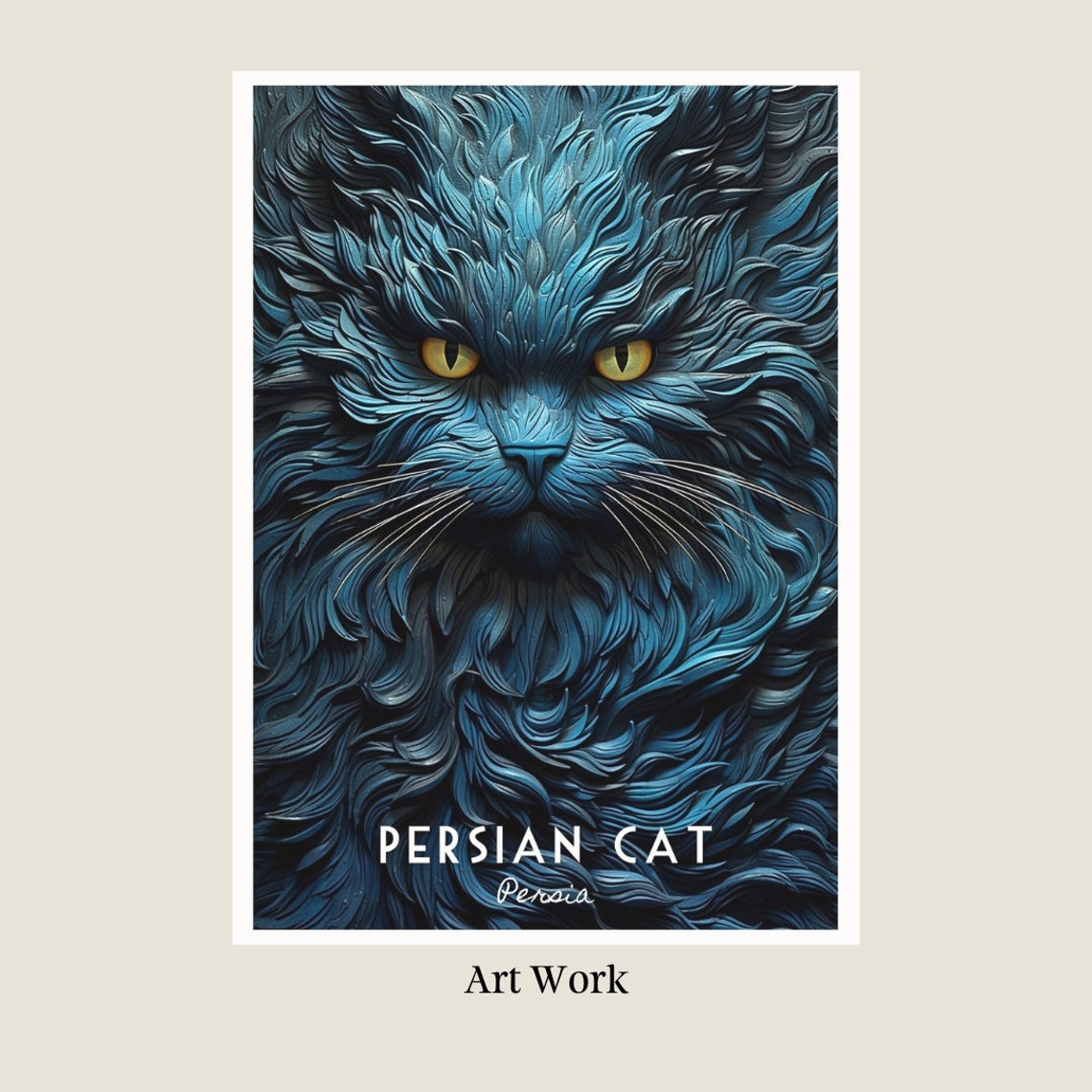 Persian Cat Deep Blue Sculpted 3D Fur Portrait Poster for Home - Image 2