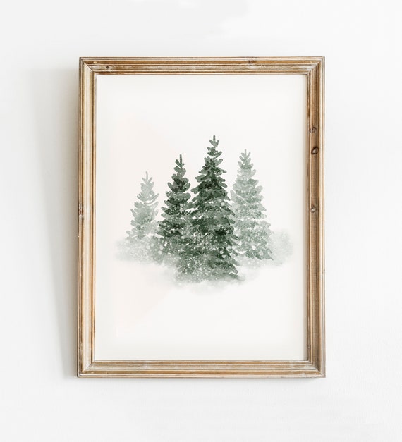 Snowy Evergreen Trees Winter Forest Watercolor Art Print