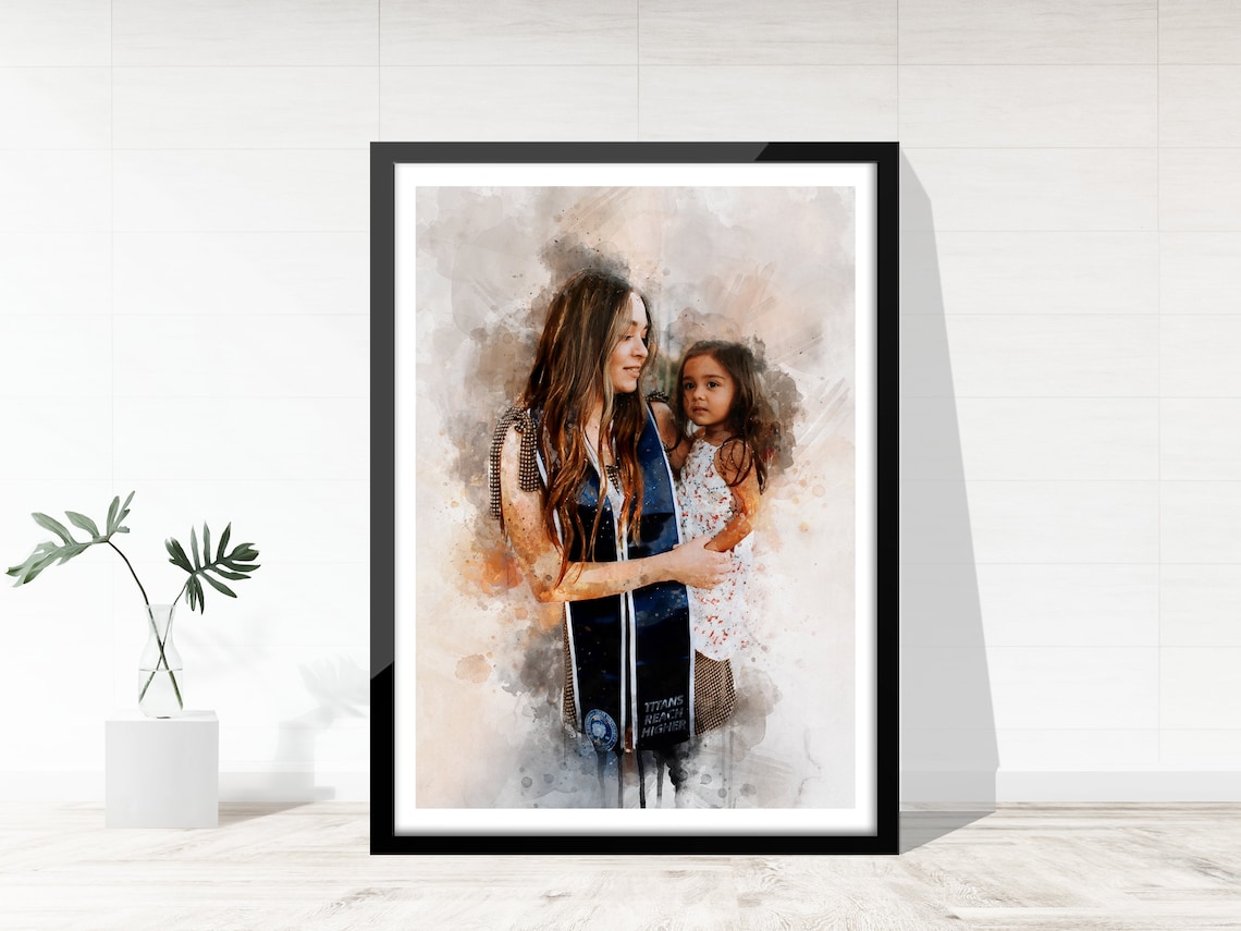 Custom Watercolor Portrait From Photo Mother Daughter Graduation Art Poster