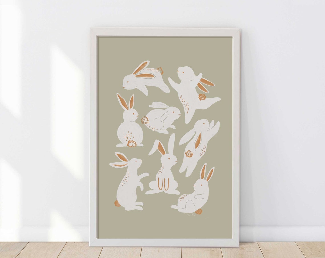 Nine Dancing White Bunnies Leaping on Sage Green Playful Animal Poster