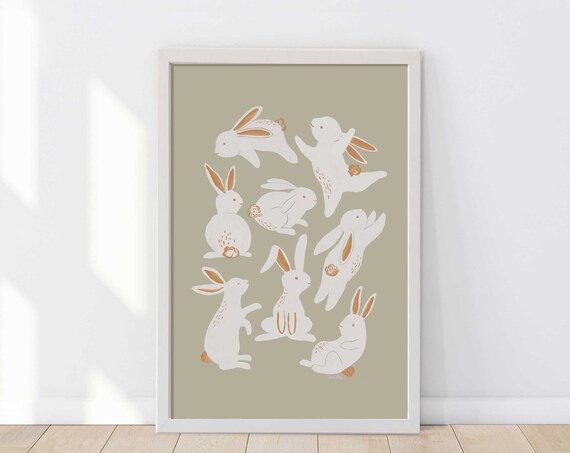 Nine Dancing White Bunnies Leaping on Sage Green Playful Animal Poster