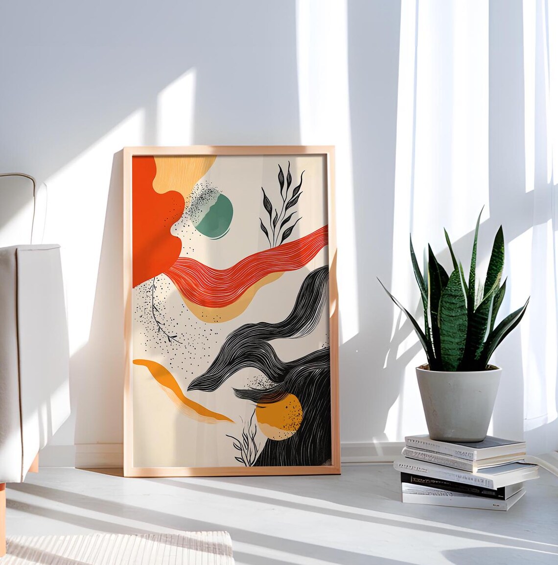 Colorful Wavy Ribbon Abstract Art Print Red Orange Black Painting