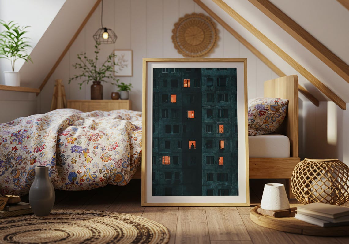 Silhouette Figure Glowing Orange Windows Night Apartment Urban Poster - Image 4