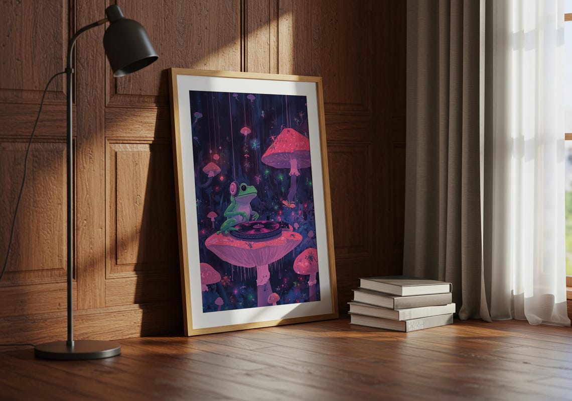 Cheerful DJ Frog Headphones Vinyl Mushroom Forest Neon Poster - Image 2