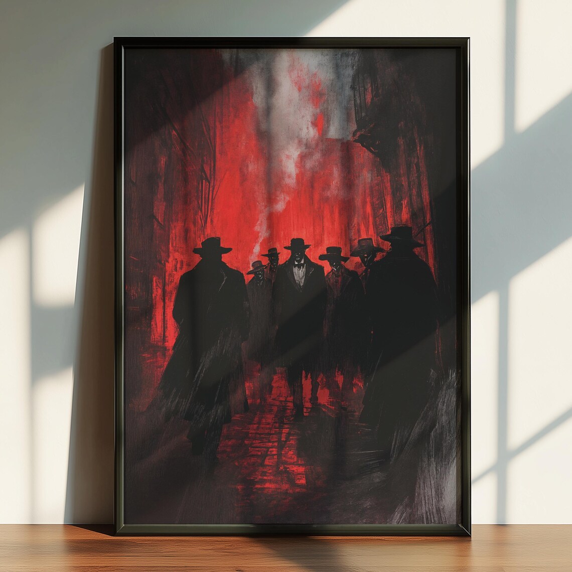 Crimson Alley Noir Gang Silhouette Dark Red Retro Crime Scene Poster - Image 5
