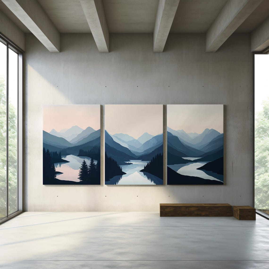 Blue Mountain Lake Triptych Minimalist Serene Landscape Poster - Image 5