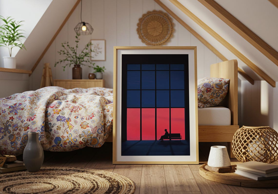 Silhouette Bench Sunset Giant Windows Blue Red Contrast Calm Poster - Image 5