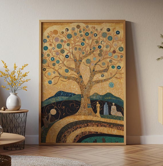 Golden Tree Of Life Art Print Mosaic Fantasy Landscape Poster Klimt Style Decorative