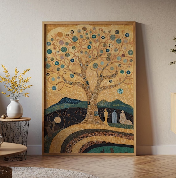 Golden Tree of Life Mosaic Teal Hills Fantasy Landscape Klimt Style Wall Art