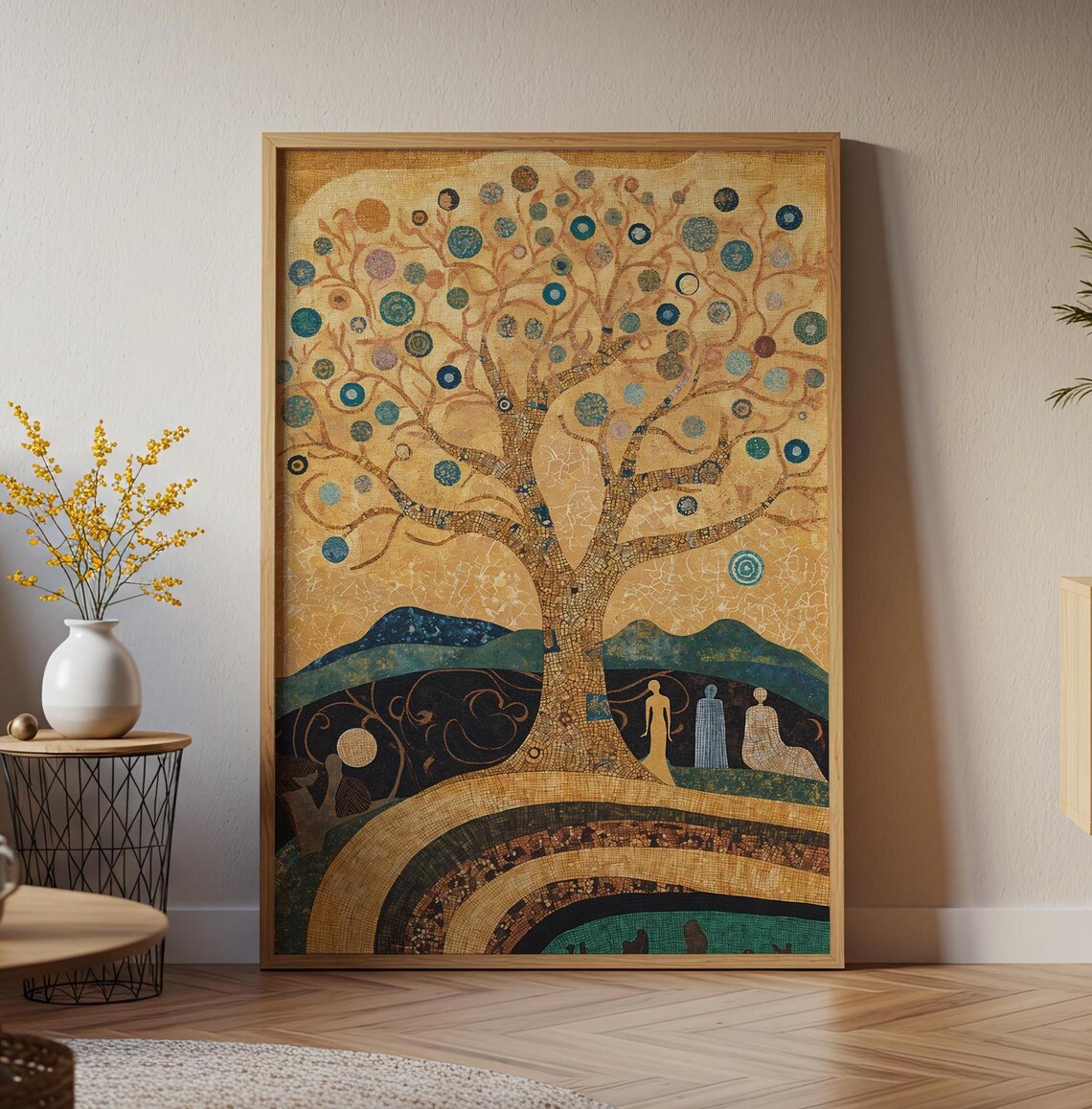 Golden Tree of Life Mosaic Teal Hills Fantasy Landscape Klimt Style Wall Art