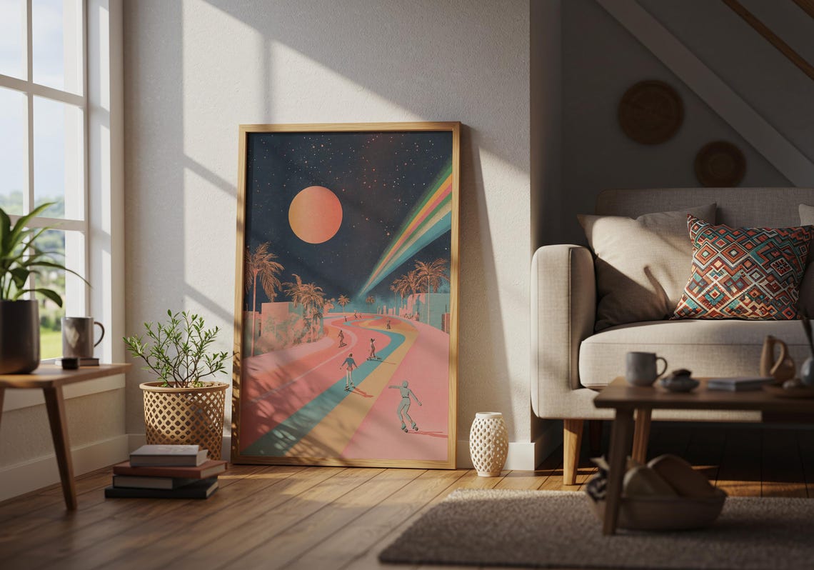 Retro Roller Skaters Pastel Sunset Dreamscape Skateboard Art Poster - Image 2
