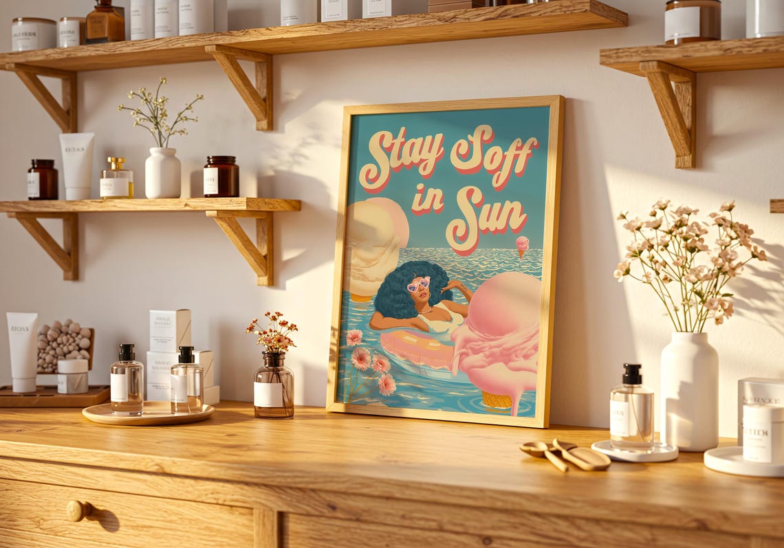 Retro Summer Art Print Stay Soft In Sun Poster Playful Afro Girl Wall - Image 5