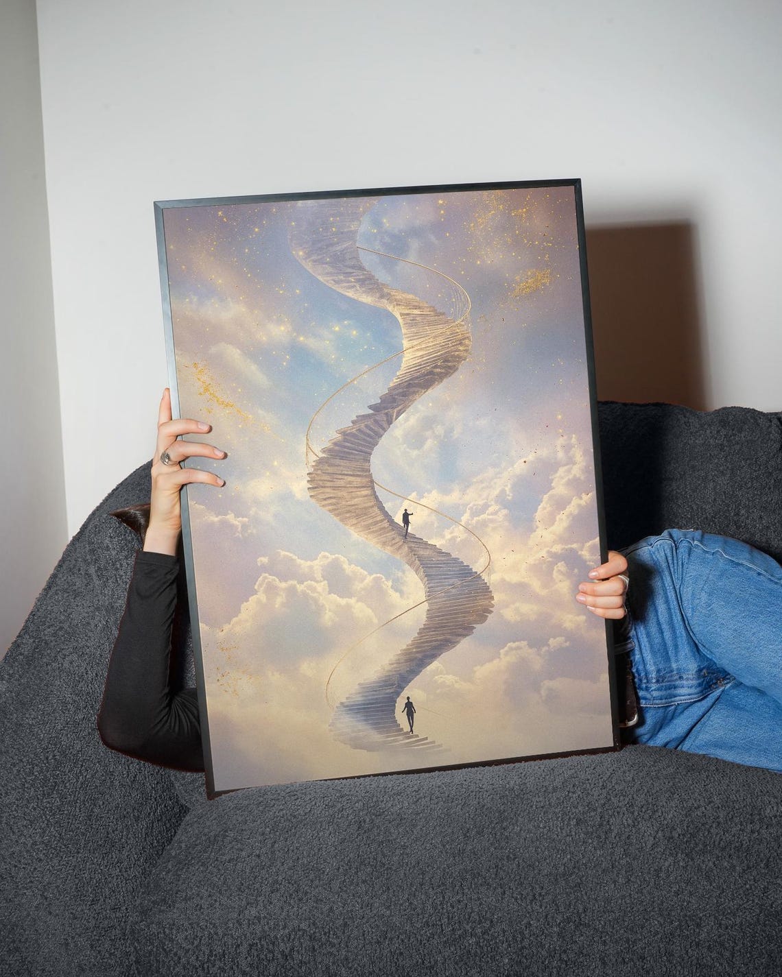 Spiral Staircase Golden Clouds Climbers Dreamlike Ascension Art Poster - Image 4