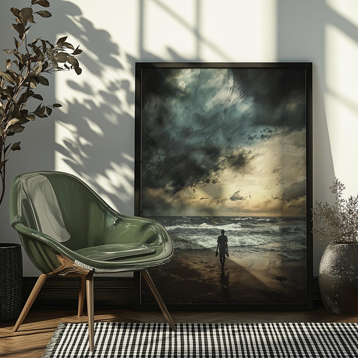 Stormy Beach Walk Lone Figure Moody Ocean Sunset Dramatic Art Poster - Image 5