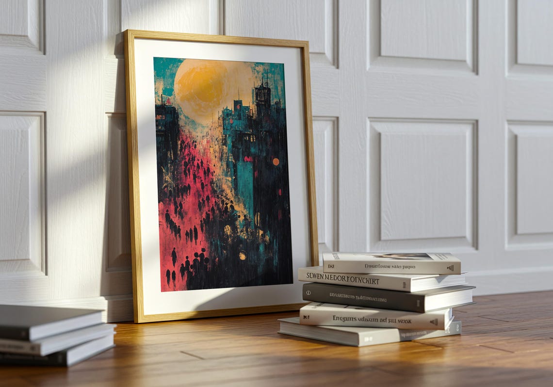 Golden Sun Urban Dusk Abstract City Crowd Moody Expressionist Poster - Image 3
