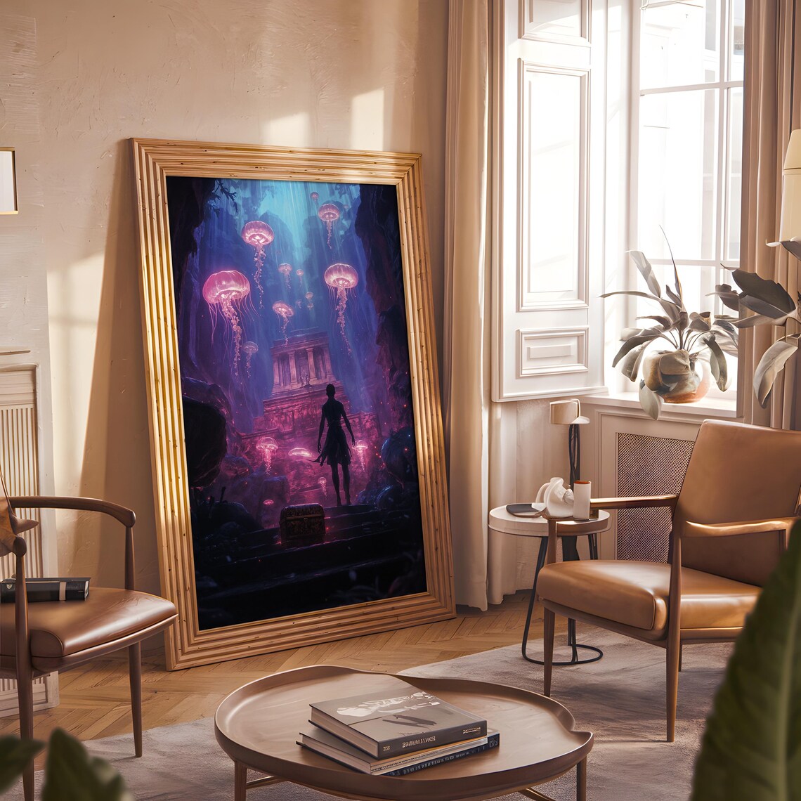 Glowing Pink Jellyfish Underwater Temple Diver Fantasy Adventure Poster - Image 3