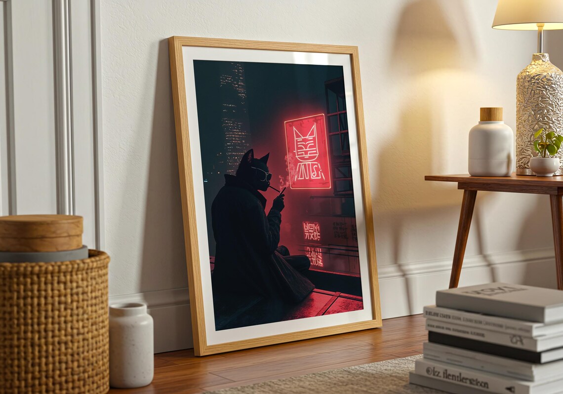 Cyber Noir Cat Detective Neon Sign Red Street Cool Feline Art Poster - Image 2